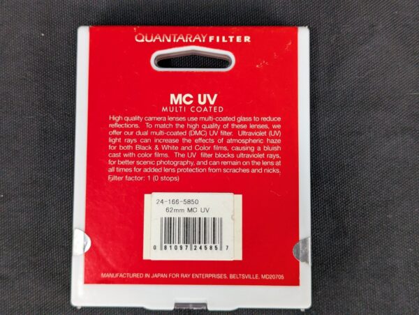 10-3167.jpg Quantaray 62mm MC UV DMC Lens Filter Multi-Coated Glass Made in Japan Accessory