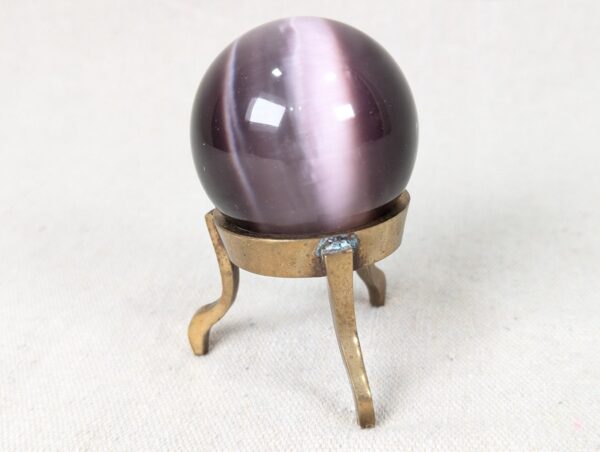 Vintage Purple Obsidian Glass Sphere on Three-Legged Brass Tripod Stand Decor