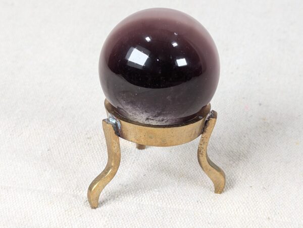Vintage Purple Obsidian Glass Sphere on Three-Legged Brass Tripod Stand Decor