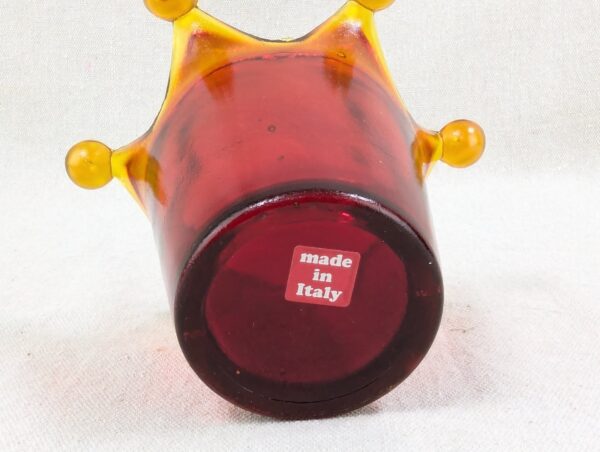 Red Crown Candle Holder Murano Style Amber Accents Made in Italy Thick Glass