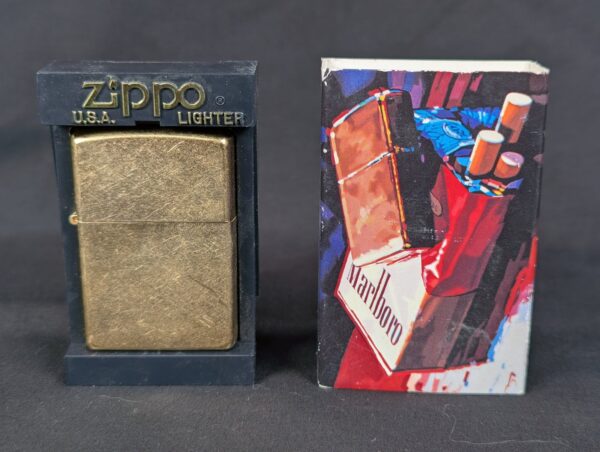10-339.jpg 2001 Zippo Windproof Lighter Brushed Brass Marlboro Promotional Case Unfired