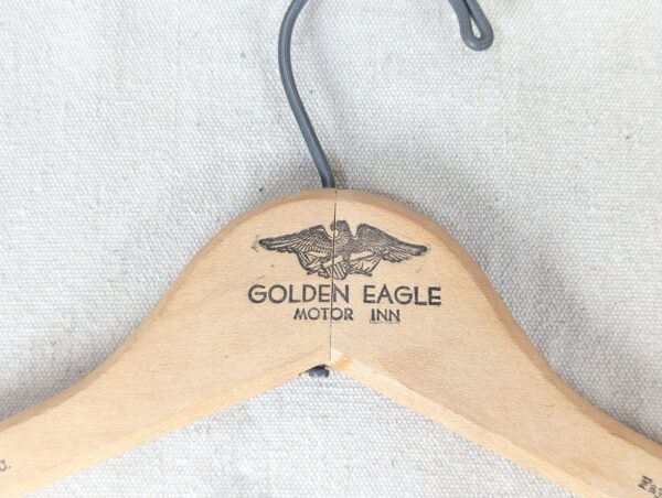 10-3438.jpg Vintage Wooden Clothes Hanger Golden Eagle Motor Inn Branded Hotel Collectible