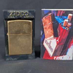 2002 Zippo Windproof Lighter Solid Brass Finish Marlboro Display Case Collector