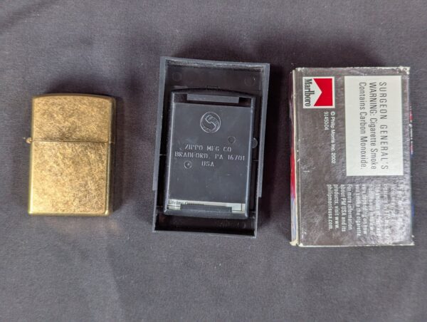 2002 Zippo Windproof Lighter Solid Brass Finish Marlboro Display Case Collector