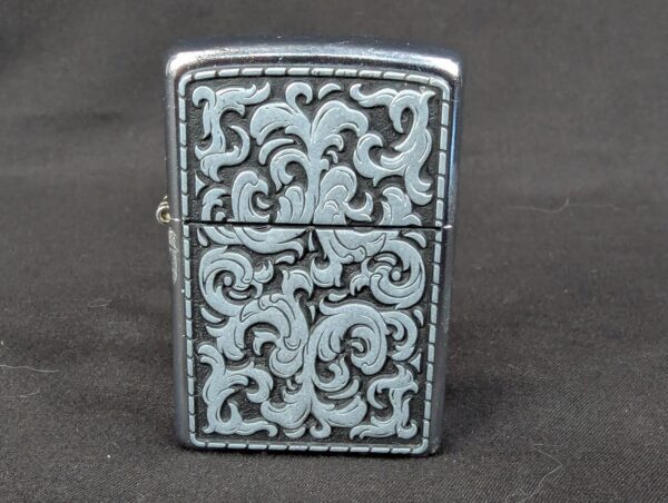 Zippo Windproof Lighter High Polish Chrome Ornate Scrollwork Emblem 2003 Vintage