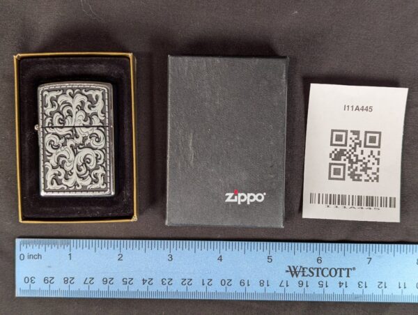 Zippo Windproof Lighter High Polish Chrome Ornate Scrollwork Emblem 2003 Vintage