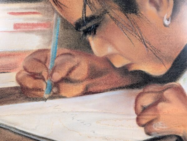 Myrtle H. Troester Original Pastel Portrait Girl at Desk Vintage Framed Artwork