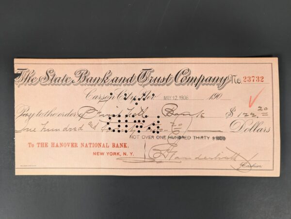 Antique 1906 The State Bank and Trust Company Carson City Nevada Bank Check E...