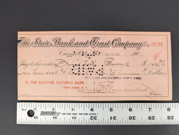 Antique 1906 The State Bank and Trust Company Carson City Nevada Bank Check E...