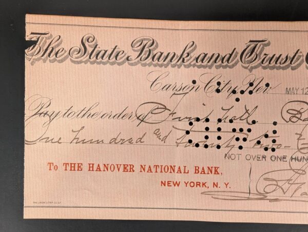 Antique 1906 The State Bank and Trust Company Carson City Nevada Bank Check E...