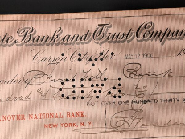 Antique 1906 The State Bank and Trust Company Carson City Nevada Bank Check E...