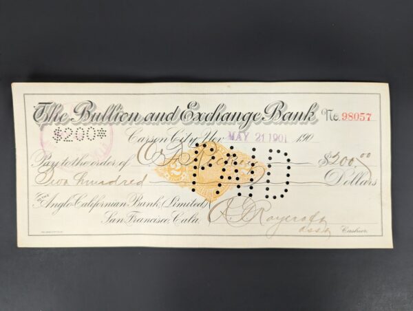 1901 The Bullion and Exchange Bank Carson City NV Vintage Bank Check Ephemera