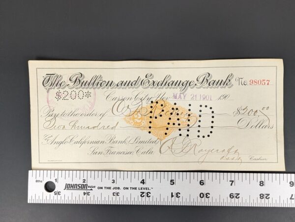 1901 The Bullion and Exchange Bank Carson City NV Vintage Bank Check Ephemera