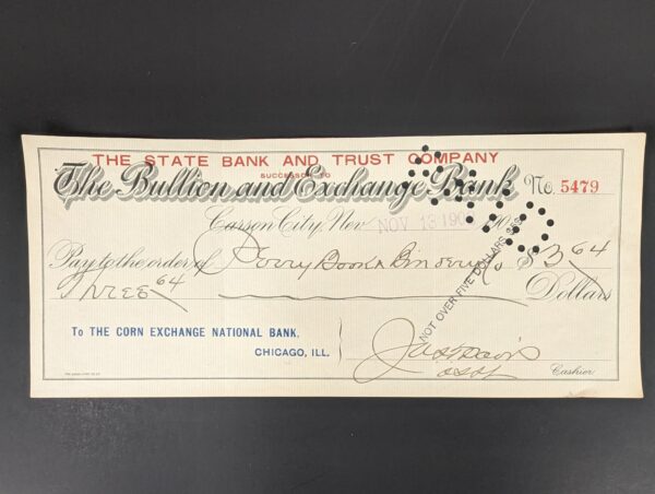 Vintage 1908 The Bullion and Exchange Bank Carson City Nevada Bank Check Ephe...