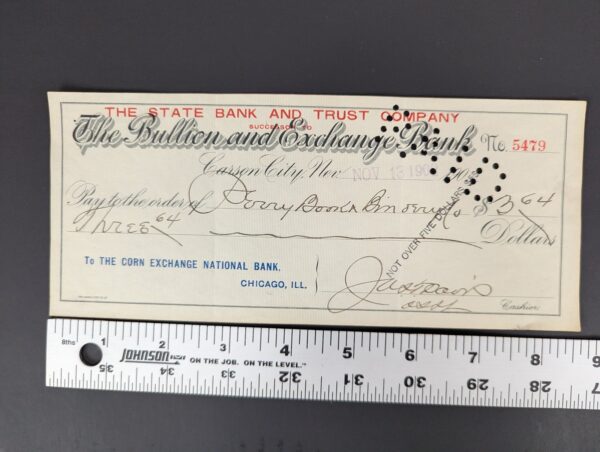 Vintage 1908 The Bullion and Exchange Bank Carson City Nevada Bank Check Ephe...