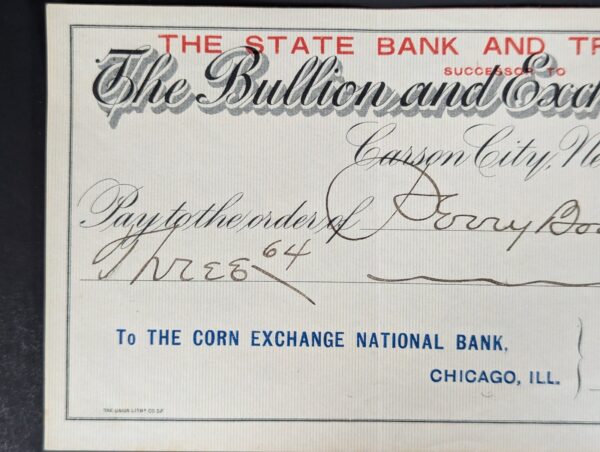 Vintage 1908 The Bullion and Exchange Bank Carson City Nevada Bank Check Ephe...