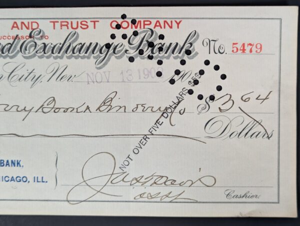 Vintage 1908 The Bullion and Exchange Bank Carson City Nevada Bank Check Ephe...