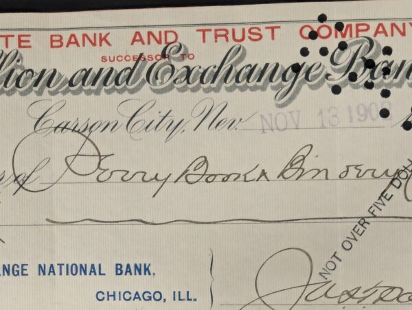 Vintage 1908 The Bullion and Exchange Bank Carson City Nevada Bank Check Ephe...