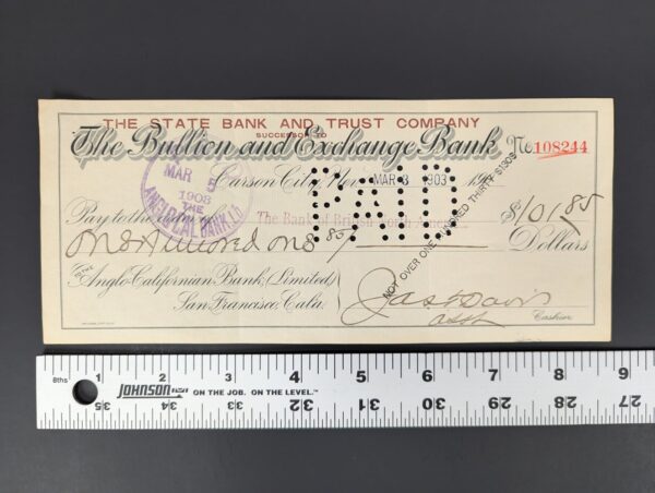 Antique 1903 The State Bank and Trust Company Carson City Nevada Bank Check P...