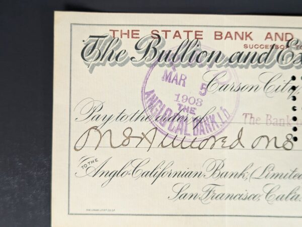 Antique 1903 The State Bank and Trust Company Carson City Nevada Bank Check P...