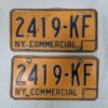 Vintage New York Commercial License Plate Pair 1970s Orange and Blue Metal Decor