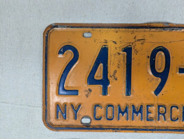 Vintage New York Commercial License Plate Pair 1970s Orange and Blue Metal Decor