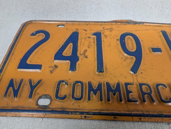 Vintage New York Commercial License Plate Pair 1970s Orange and Blue Metal Decor
