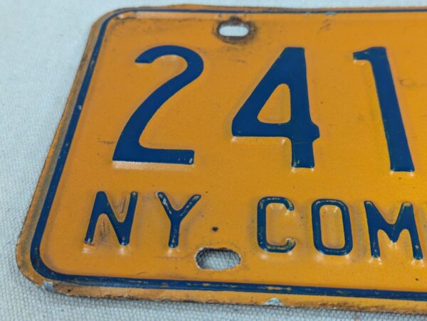 Vintage New York Commercial License Plate Pair 1970s Orange and Blue Metal Decor