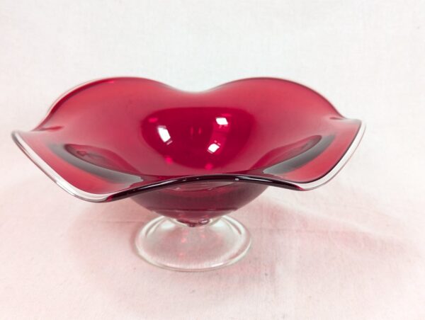 Mid-Century Modern Ruby Red Glass Pedestal Bowl Crimped Ruffled Rim Vintage G...