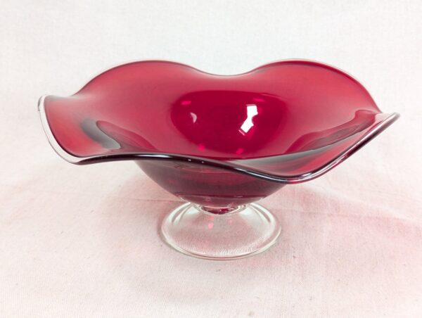 Mid-Century Modern Ruby Red Glass Pedestal Bowl Crimped Ruffled Rim Vintage G...
