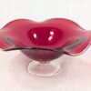 Mid-Century Modern Ruby Red Glass Pedestal Bowl Crimped Ruffled Rim Vintage G...