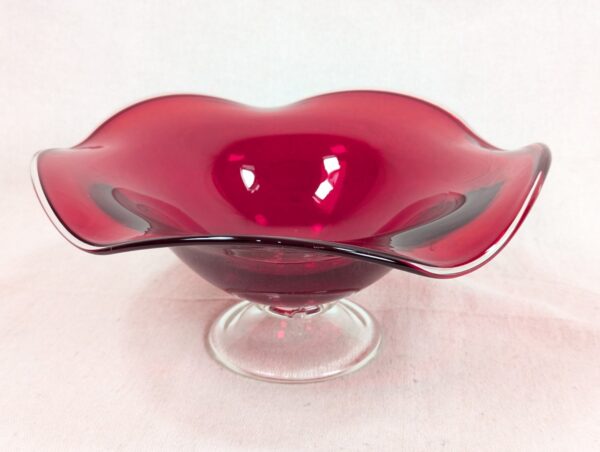Mid-Century Modern Ruby Red Glass Pedestal Bowl Crimped Ruffled Rim Vintage G...