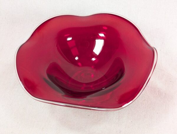 Mid-Century Modern Ruby Red Glass Pedestal Bowl Crimped Ruffled Rim Vintage G...