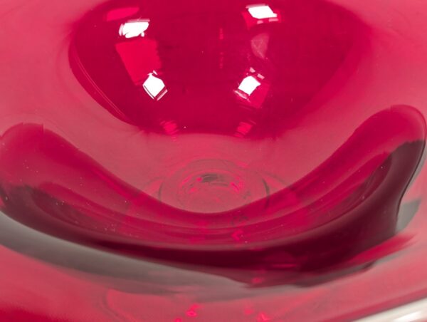 Mid-Century Modern Ruby Red Glass Pedestal Bowl Crimped Ruffled Rim Vintage G...