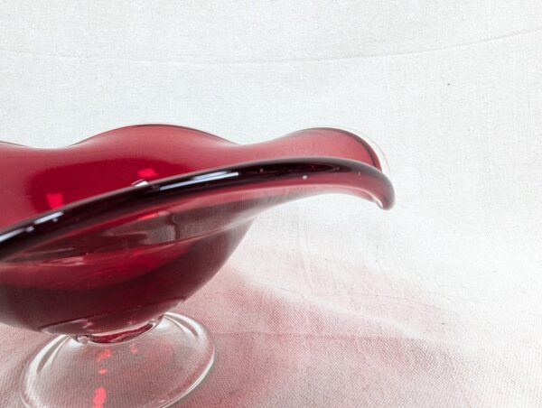 Mid-Century Modern Ruby Red Glass Pedestal Bowl Crimped Ruffled Rim Vintage G...