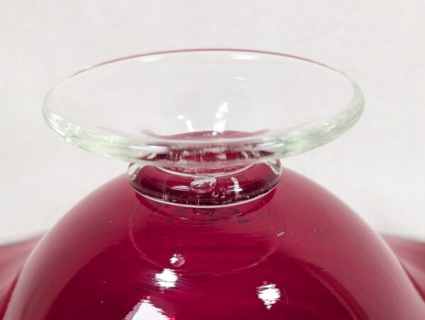 Mid-Century Modern Ruby Red Glass Pedestal Bowl Crimped Ruffled Rim Vintage G...