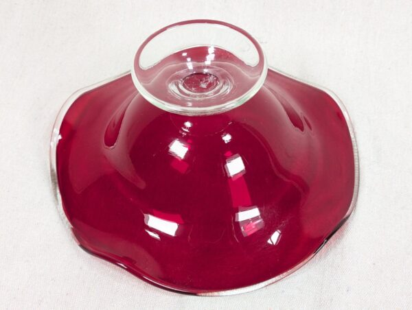 Mid-Century Modern Ruby Red Glass Pedestal Bowl Crimped Ruffled Rim Vintage G...