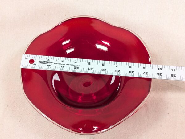 Mid-Century Modern Ruby Red Glass Pedestal Bowl Crimped Ruffled Rim Vintage G...
