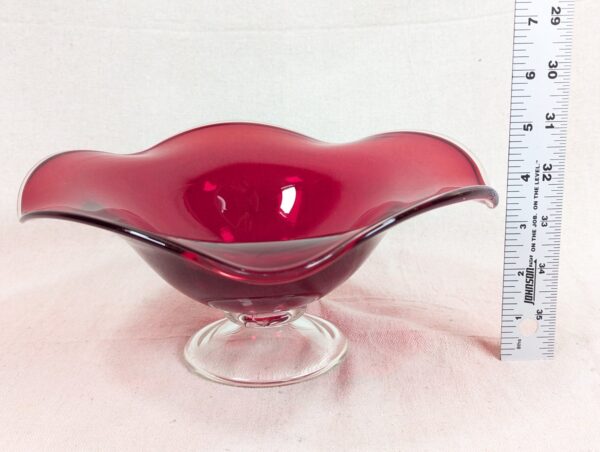Mid-Century Modern Ruby Red Glass Pedestal Bowl Crimped Ruffled Rim Vintage G...