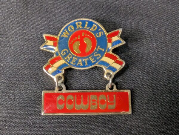Vintage 1981 Hang Ten World's Greatest Cowboy Enamel Pin Red White Blue Logo