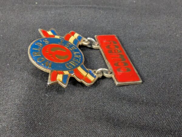 Vintage 1981 Hang Ten World's Greatest Cowboy Enamel Pin Red White Blue Logo