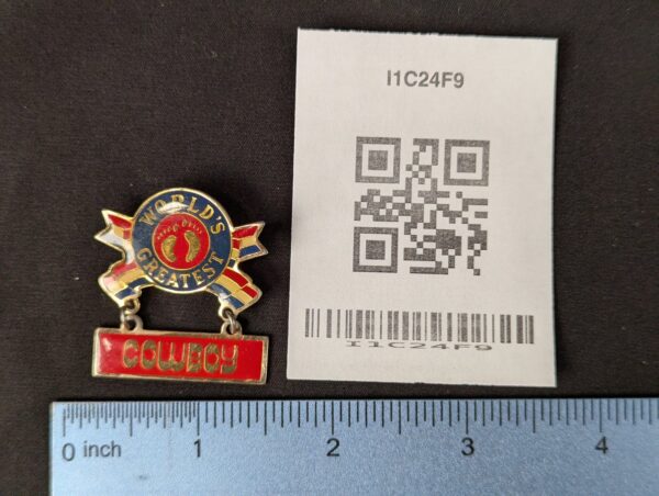 Vintage 1981 Hang Ten World's Greatest Cowboy Enamel Pin Red White Blue Logo