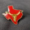Texas State Shaped Enamel Lapel Pin Gold Tone Longhorn Steer Red Background