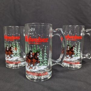 Budweiser Clydesdales Beer Mugs Set of 3 Vintage 1988 Holiday Barware Glass 12oz