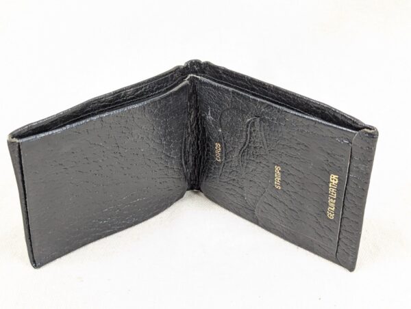 Vintage Black Genuine Leather Bi-Fold Wallet with Embossed Card and Stamp Slots