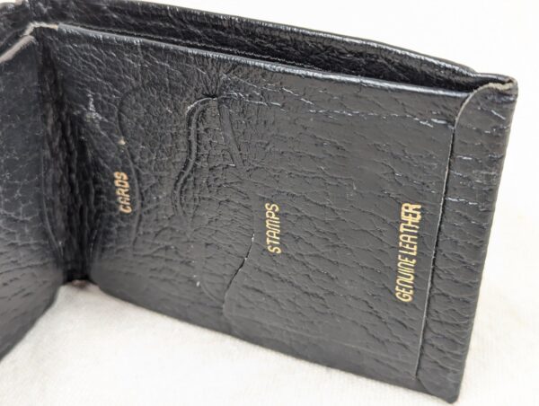 Vintage Black Genuine Leather Bi-Fold Wallet with Embossed Card and Stamp Slots