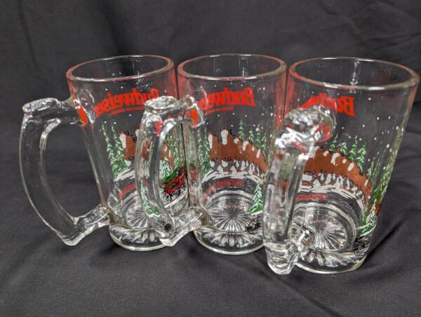 10-415.jpg Budweiser Clydesdales Beer Mugs Set of 3 Vintage 1988 Holiday Barware Glass 12oz