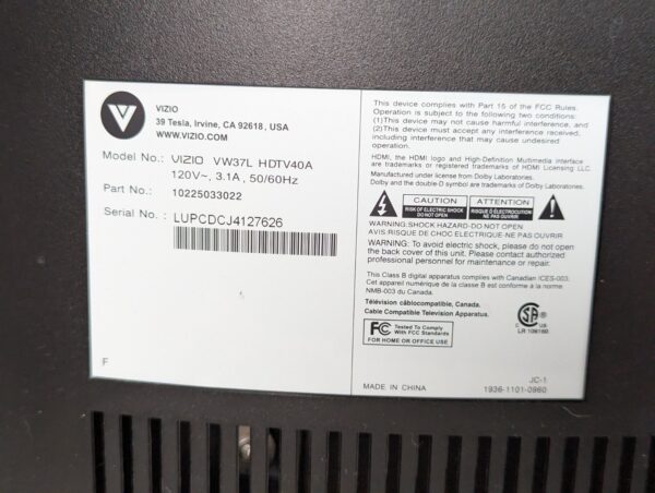 Vizio 37" LCD HDTV Model VW37L HDTV40A with Original Remote Control Included