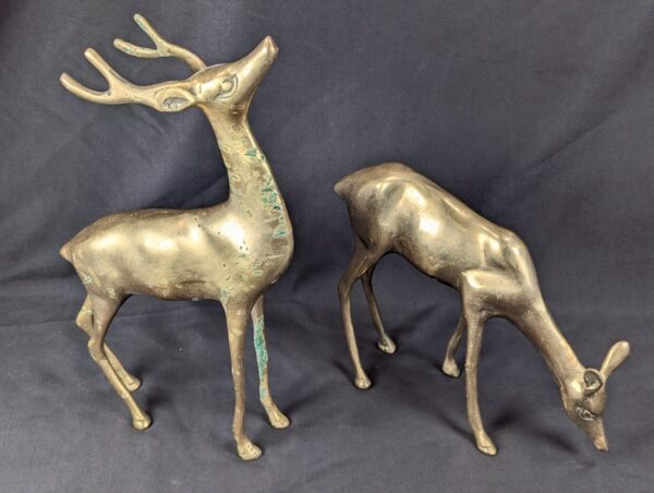 Vintage Brass Deer Figurines Set Standing and Grazing Pair Decorative 12 Inch...