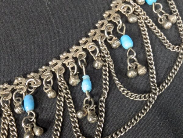 Vintage MCM Alpaca Silver Swag Hip Belt Draped Chains Blue Beads Belly Dancing